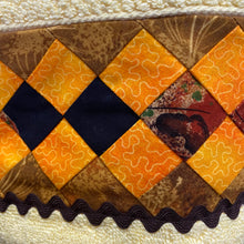 Load image into Gallery viewer, Hand Towel - Lemon with Orange and Brown Patchwork Trim
