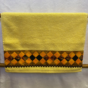 Hand Towel - Lemon with Orange and Brown Patchwork Trim