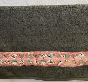Hand Towel - Grey with Christmas Themed Pink Dog Patchwork Trim