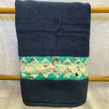 Load image into Gallery viewer, Hand Towel - Blue with Christmas Themed Teal Patchwork Trim
