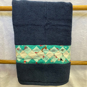 Hand Towel - Blue with Christmas Themed Teal Patchwork Trim