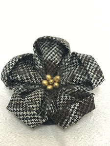 Brooch - Fabric Flower - Small - Brown and White Houndstooth