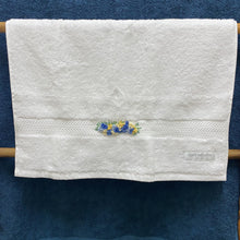 Load image into Gallery viewer, Hand Towel - White with Blue and Yellow Bullion Knot Stitch.
