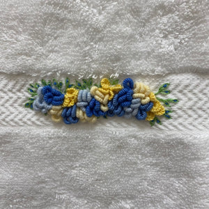 Hand Towel - White with Blue and Yellow Bullion Knot Stitch.